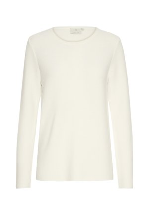 Witte langemouwen top met een ronde halslijn, voorzien van een geribbelde textuur en een relaxed fit. Label zichtbaar onder de halslijn.