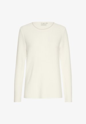 Balta ilga rankovė viršutinė dalis su apvaliu iškirpimu, pasižyminti raukšlėta tekstūra ir laisvu siluetu. Etiketė matoma po iškirptė.