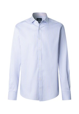 Light blue and white vertically striped long-sleeve men's dress shirt with button-down front and classic collar.