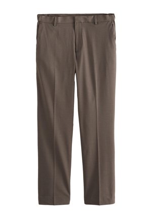 Brown flat-front dress pants with belt loops, side pockets, and a tailored fit.