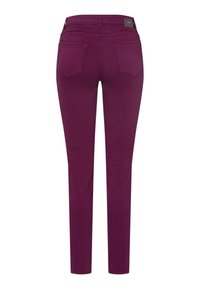 Purple skinny jeans with a smooth texture, featuring a mid-rise waist, five-pocket design, and a brand label on the back waistband.