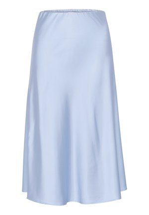 Light blue satin skirt with an elastic waistband, A-line shape, and smooth texture, featuring a knee-length cut and no visible patterns.