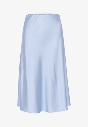 Šviesiai mėlyna satino sijonas su elastinga juosmeniu, A formos, lygia tekstūra, su kelių ilgio kirpimu ir be matomų raštų.