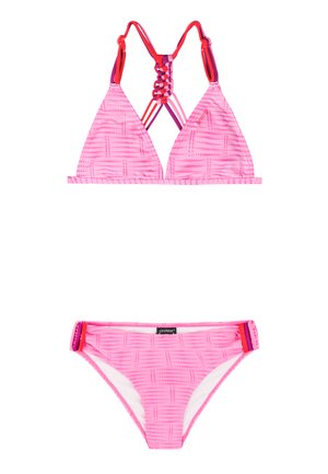 Roze bikini set met patroonstof, driehoekige top met gevlochten rugbandjes en bijpassende low-rise broekjes met zijbandjes.