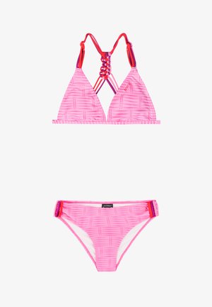 Pinkes Bikini-Set mit gemustertem Stoff, Triangel-Top mit geflochtenen Rückenträgern und passenden, tiefliegenden Höschen mit seitlichen Riemendetails.