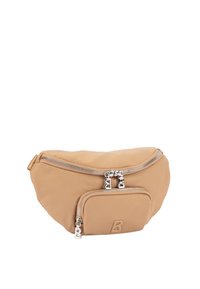 Bež torbica za pas z dvema predalčkoma na zadrgo, srebrnima potegavcema zadrge v obliki črke "B" in majhnim vtisnjenim logotipom "B" na sprednjem žepu.