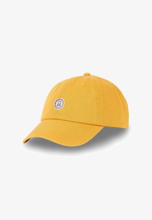 Casquette de baseball en coton jaune avec une visière arrondie, un devant rembourré et un patch logo circulaire avec un design bleu et blanc à l'avant.