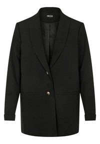Blazer noir ajusté avec des revers crantés, manches longues, deux boutons sur le devant et poches passepoilées, étiquette "PIECES" à l'intérieur du col.