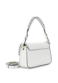 Borsa a mano bianca in pelle con forma strutturata, dettagli neri e tracolla intrecciata. Presenta una chiusura a pattina e una tracolla rimovibile.