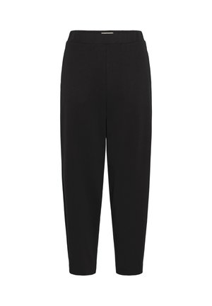 Black trousers made of a soft fabric. Features an elastic waistband, tapered legs, and a smooth texture with no visible patterns or accents.