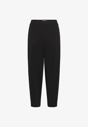 Schwarze Hose aus einem weichen Stoff. Verfügt über einen elastischen Bund, schmal zulaufende Beine und eine glatte Oberfläche ohne sichtbare Muster oder Akzente.