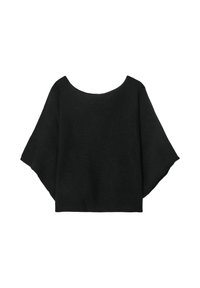 Haut en tricot noir avec des manches larges, un décolleté rond et une coupe décontractée. Le tissu a une texture côtelée, sans fermetures ni motifs.