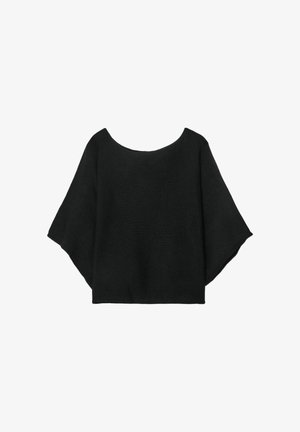 Crna pletena majica s širokim rukavima, izrezom u obliku suze i opuštenim krojem. Tkanina ima rebrastu teksturu, bez kopčanja ili uzoraka.