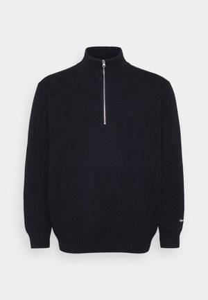 Schwarzer Strickpullover mit hohem Kragen, Halb-Reißverschluss, gerippten Bündchen und feiner Textur. Dehnbares Material mit glatter Oberfläche.