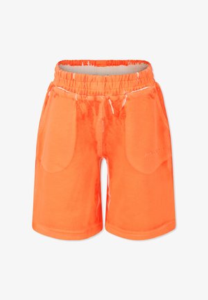 Shorts de sport orange avec une taille élastique, deux poches latérales et un tissu léger et lisse. Présente un logo discret à l'avant.