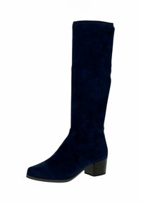 Bota de ante azul marino hasta la rodilla con puntera cuadrada, tacón de bloque modesto y superficie de textura suave. Diseño limpio sin adornos.