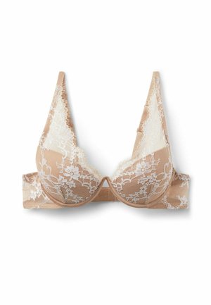 Biustonosz w kolorze nude ozdobiony koronką, z gładką bazą materiału. Posiada głęboki dekolt, kwiatową koronkową nakładkę oraz regulowane ramiączka dla lepszego dopasowania.