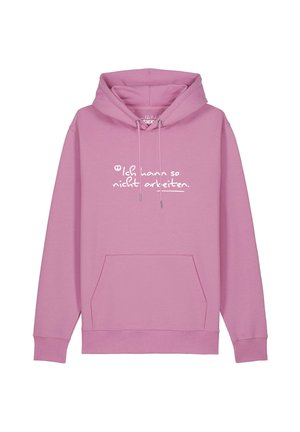 Pastellrosa Kapuzenpullover mit Fronttasche und weißem deutschen Text "Ich kann so nicht arbeiten", gedruckt in lockerer Schrift auf der Brust.