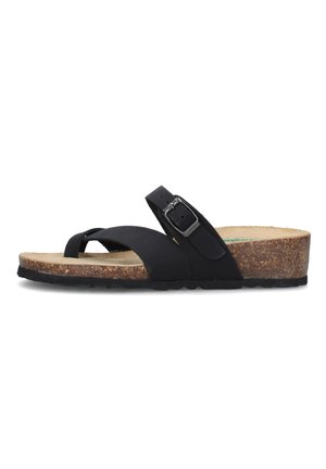 Sandalo con zeppa in sughero nero con cinturino regolabile con fibbia e anello per le dita, soletta imbottita e suola esterna in gomma nera.
