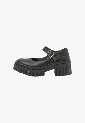 Schwarze Leder-Mary-Jane-Schuh mit runder Zehenform, einem schnallengestützten Riemen und einer dicken, geriffelten Plattformsohle. Verfügt über dezente dekorative Nähte.