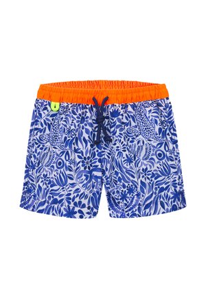 Shorts de bain bleus avec une taille élastique orange, ornés d'un motif floral et animal. Fermeture à cordon de serrage et doublure en mesh incluses.
