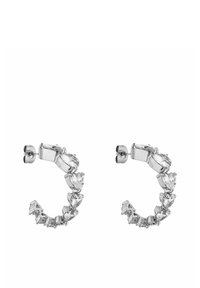 Silberne Creolen mit einer Mischung aus birnen- und baguetteförmigen klaren Edelsteinen, die entlang der Vorderseite angeordnet sind, mit polierter Metallrückseite.