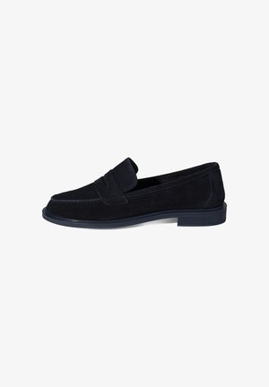 Black suede men's loafer with low stacked heel and penny strap detail, side view on white background.