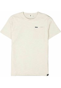 Camiseta de color beige claro con mangas cortas, cuello redondo y un pequeño bolsillo en el pecho. La tela tiene un aspecto suave y ligeramente texturizado.