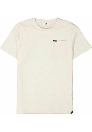  Lichtbeige T-shirt met korte mouwen, een ronde hals en een klein borstzakje. De stof heeft een zachte, licht gestructureerde uitstraling.