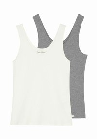 Two tank tops featuring a cream and a gray color. Made from soft cotton fabric, they have thin straps and a classic fit.