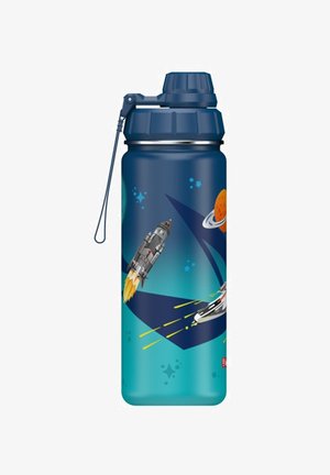 Blaue und grüne Kunststoff-Wasserflasche mit weltraumthematischen Grafiken; zeigt Raketen und Planeten. Enthält einen Schraubverschluss mit einem Trageriemen.