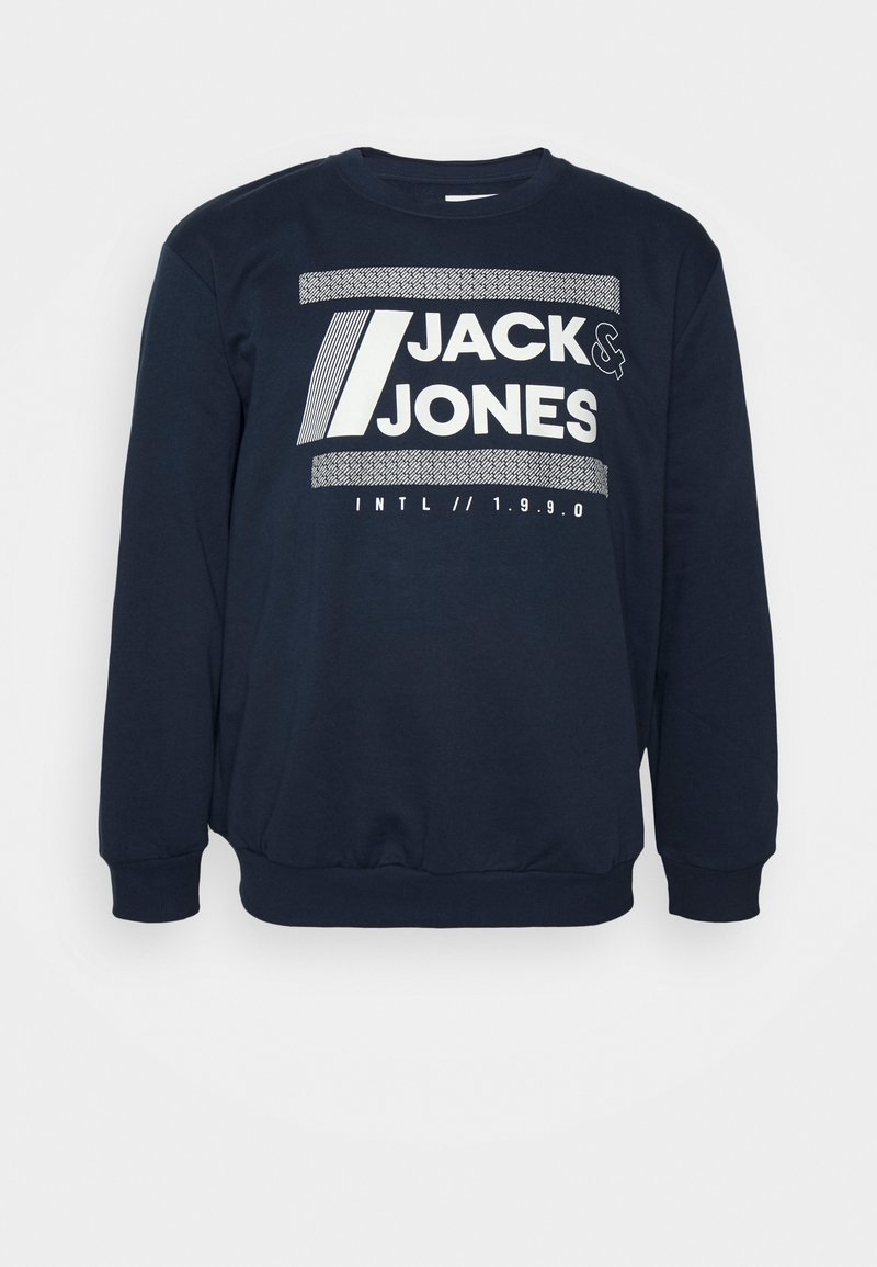 Sweat-shirt bleu marine avec texte blanc "JACK & JONES" et rayures, manches longues, col rond, poignets et ourlet côtelés.