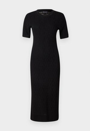 Rochie midi tricotată neagră cu mâneci scurte, având un model geometric și un decolteu rotund. Textură netedă și siluetă ajustată.