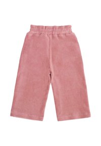 Pantaloni a gamba ampia in corduroy rosa, caratterizzati da una texture morbida, vita elastica e orlo cropped. Il tessuto presenta delicate righe verticali.