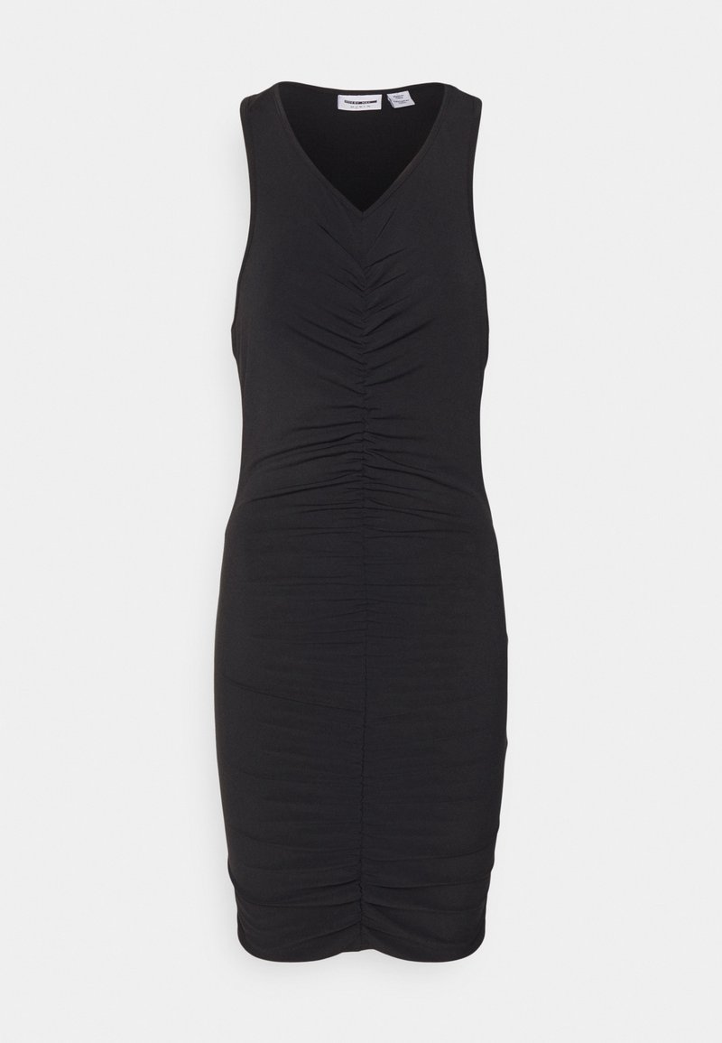 Mustassa hihattomassa mekossa on V-pääntie, ja etuosassa sekä helmassa on rypytettyjä kangasdetaljeja, jotka luovat vartalonmyötäisen siluetin.