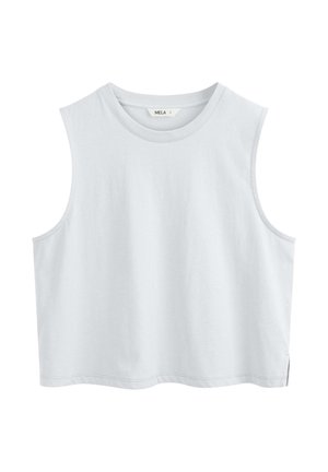 Hellgraues, ärmelloses, kurzes Tanktop mit Rundhalsausschnitt und kleinen Seitenschlitzen, Größe S, Etikett "MELA" sichtbar im Krageninneren.