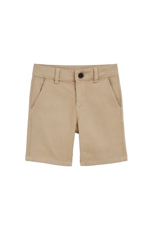 Beige katoenen shorts voor peuters met riemlussen, knoopsluiting aan de voorkant en schuin geplaatste voorzakken op een witte achtergrond.
