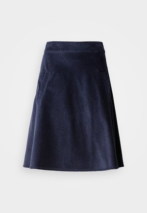 Navy corduroy skirt with a flared shape, featuring diagonal ribbed texture and two side pockets. Shorter hemline with a raw edge.
