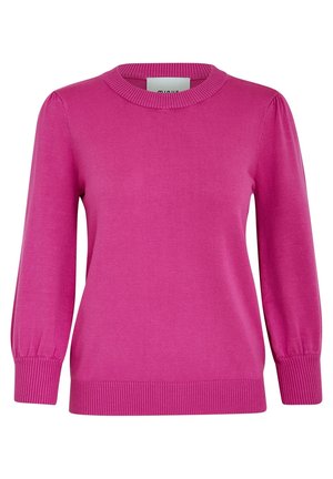 Fuksia neulepaita, jossa on pyöreä kaula-aukko, pitkät puffihihat sekä ribbaus hihansuissa ja helmassa. Suuri sileä pinta, jossa on minimaalista yksityiskohtaa.