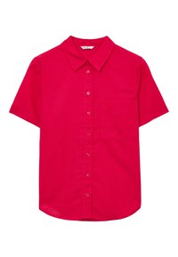 Camicia a maniche corte con bottoni di un vivace colore rosa, realizzata in materiale leggero, dotata di taschino sul petto e colletto a punta.