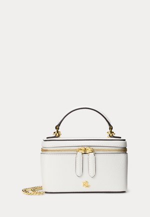 Malá biela textúrovaná obdĺžniková kabelka so zlatým zipsom, dvojitým jazdcom na zips, hornou rúčkou a zlatým reťazovým remienkom, s logom RL v zlatej farbe.