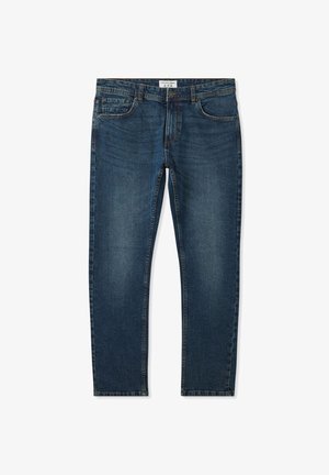 Jeans in denim blu scuro con taglio dritto, cinque tasche, motivo sbiadito sulla parte anteriore e chiusura standard con bottone.