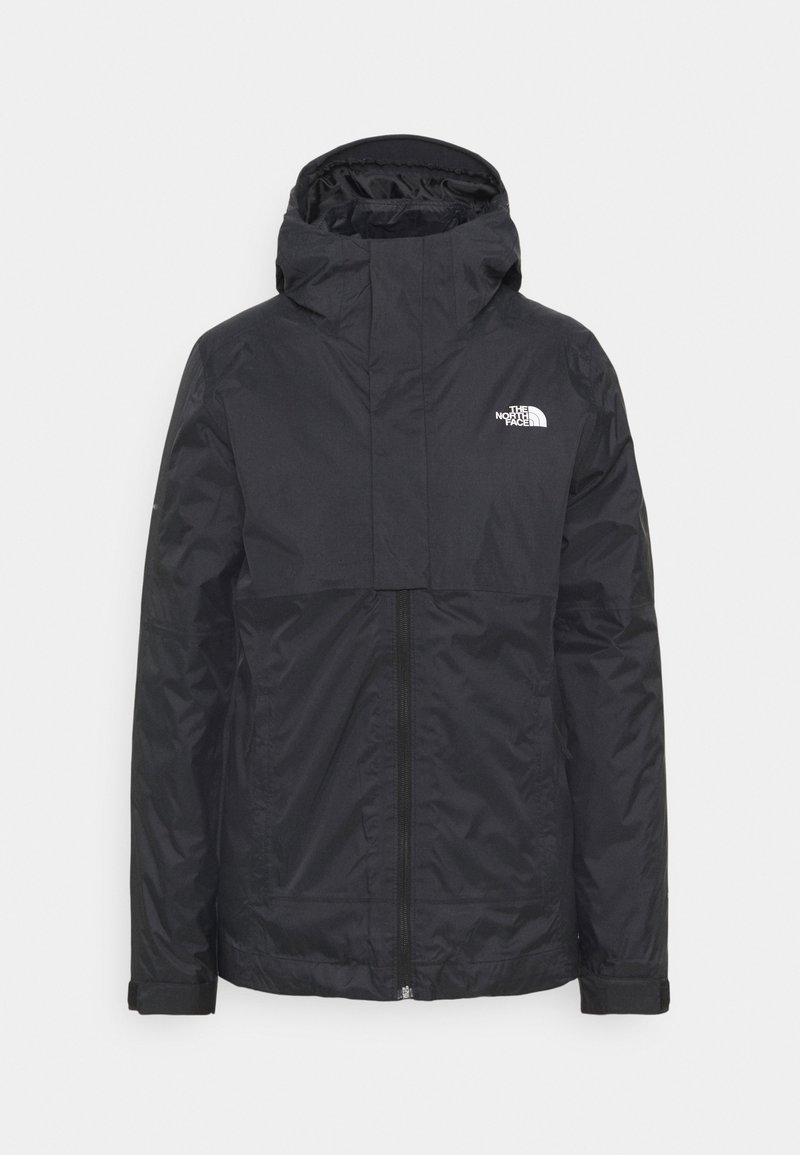Veste noire imperméable à capuche avec fermeture éclair devant et logo The North Face sur la poitrine, manches longues avec poignets réglables.