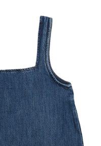 Denim top met een rechte, mouwloze ontwerp. Donkerblauwe stof met opvallende stiksels op de schouders en de halslijn. Gladde textuur.