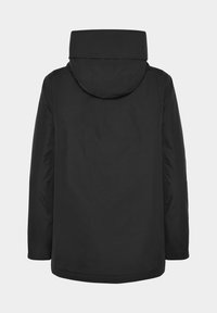 Svart jacka med huva, tillverkad av ett slätt, vattenavvisande material. Har en rak passform och enkel design utan synliga knappar.