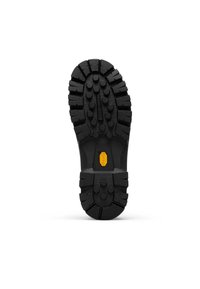 Semelle de botte en caoutchouc noir avec des crampons profonds pour la traction, un talon renforcé et un logo Vibram au centre. Surface texturée pour une meilleure adhérence.