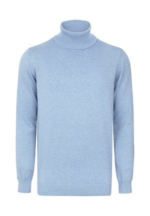 Light blue turtleneck sweater made of soft fabric with long sleeves and ribbed collar and hem, featuring a smooth texture.