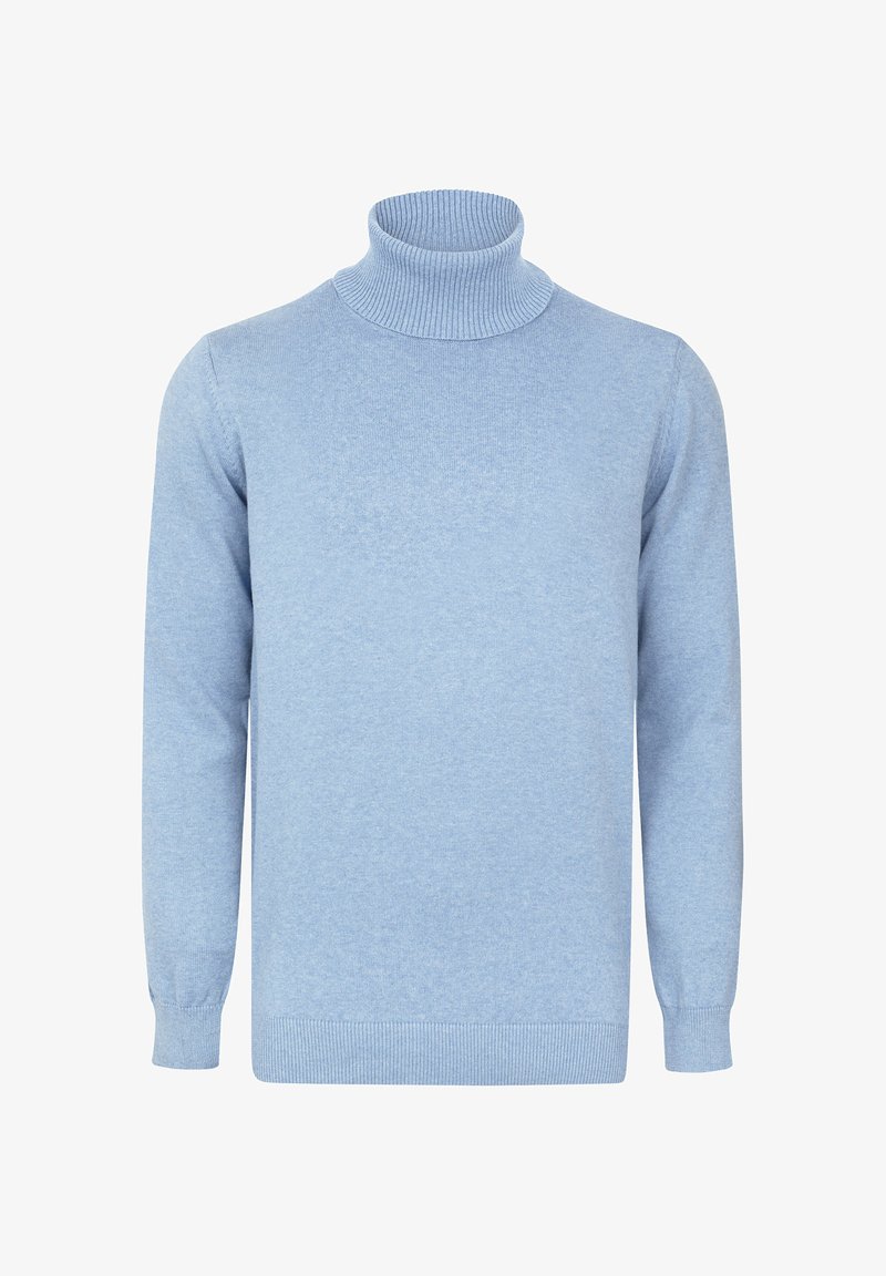 Hellblauer Rollkragenpullover aus weichem Stoff mit langen Ärmeln sowie geripptem Kragen und Saum, der eine glatte Textur aufweist.