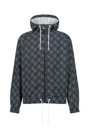 Giacca con cappuccio in tessuto blu navy scuro con motivo di logo bianco ripetuto, cerniera frontale, coulisse all'orlo e polsini elasticizzati.