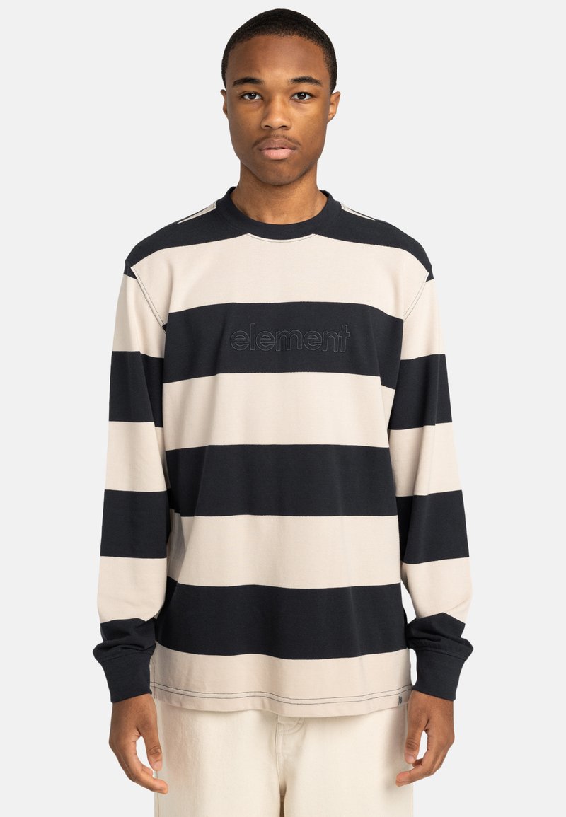 Langsleeve gestreepte shirt met afwisselend marineblauwe en beige strepen, een ronde hals en geborduurd merkwapen op de borst. Gemaakt van katoen.